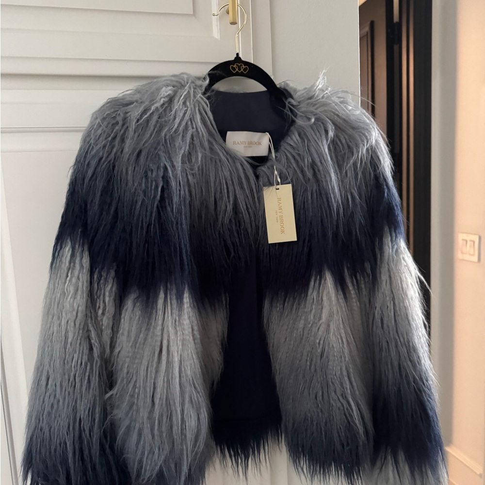 Ramy Brook Gray and Blue Teddy Jacket Plush Faux Fur